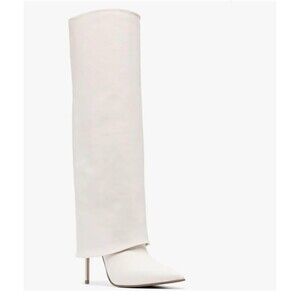 Knee high white leather heel boots